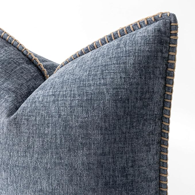 MIULEE Pack of 2 Couch Throw Pillow Covers 18x18 Inch Dark Grey Blue Farmhouse Decorative Pillow Covers with Stitched Edge Soft Chenille Solid Dyed Pillow Covers for Sofa Bed Living Room