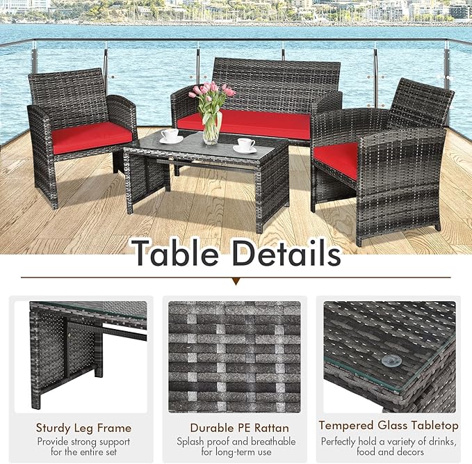 Goplus 4-Piece Rattan Patio Furniture Set, Outdoor Wicker Conversation Sofa
