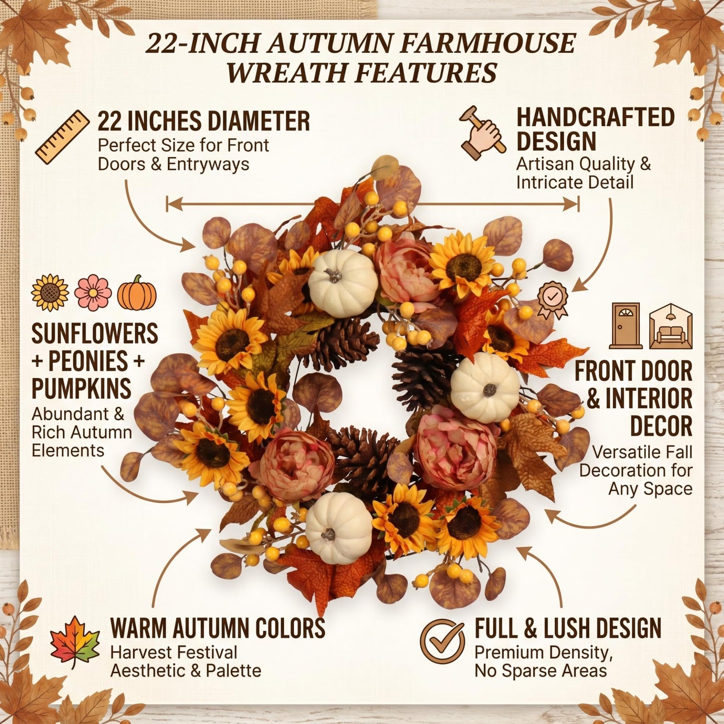 Artificial Fall Autumn Wreath 22 in with Sunflower,Peony,Pumpkin, Eucalyptus Leaf for Front Door Thanksgiving Wreaths Wall Window Harvest Festival Celebration