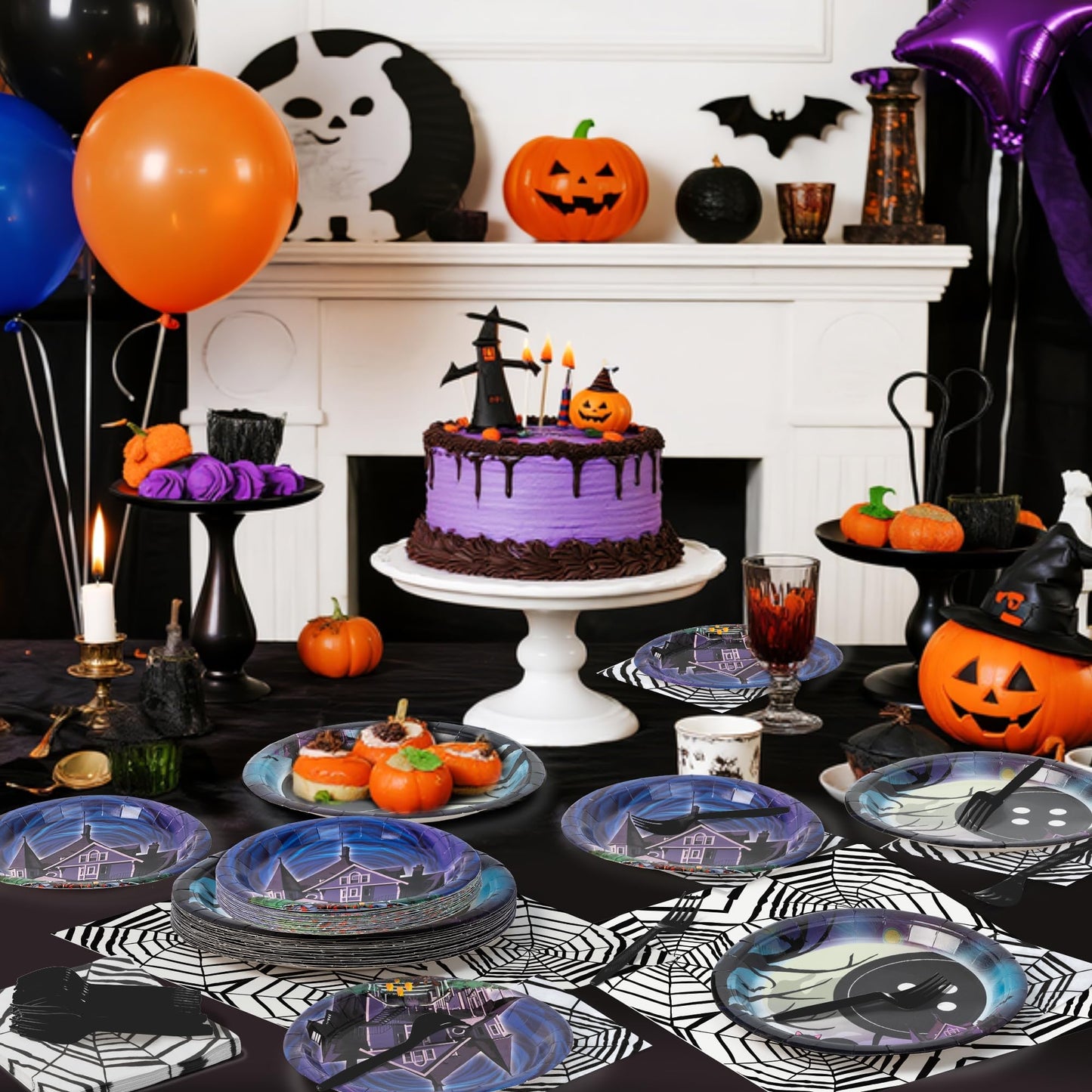 BOpusail 96P Starry Night Ghost House Party Tableware Set, Party Supplies for Kids Birthday School Spooky Night Theme Serves 24 Guests, Disposable Dinnerware Paper Dessert Dinner Plates Napkins Forks