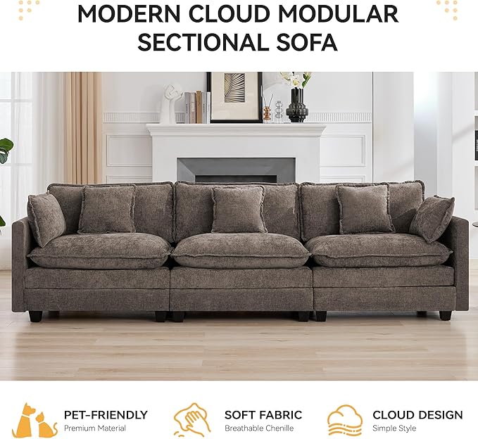 111'' Sectional Cloud Deep Seat Couch, Modern Comfy Chenille Modular Sectional