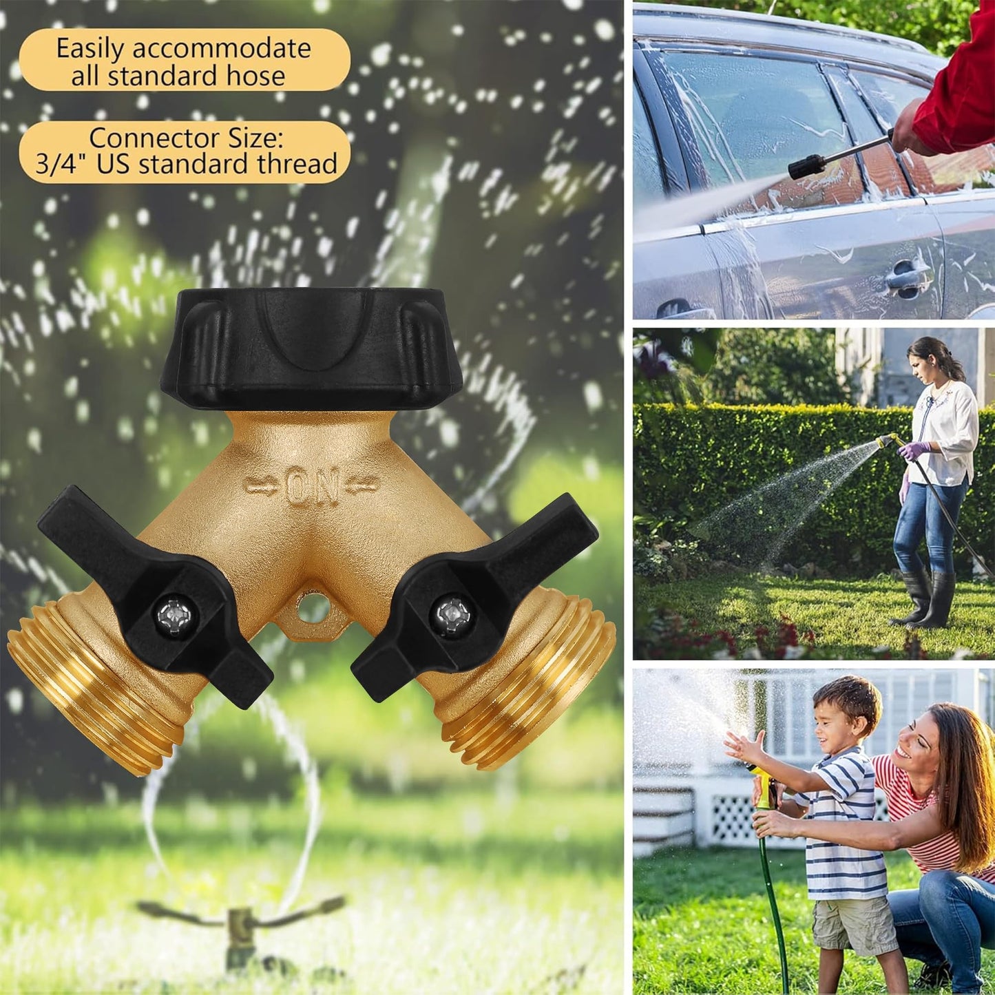 Biswing 2 Pack Garden Hose Splitter 2 Way, Heavy Duty Brass Connector Tap Splitter, Y Splitter 2 Valves with 4 Extra Rubber Washers