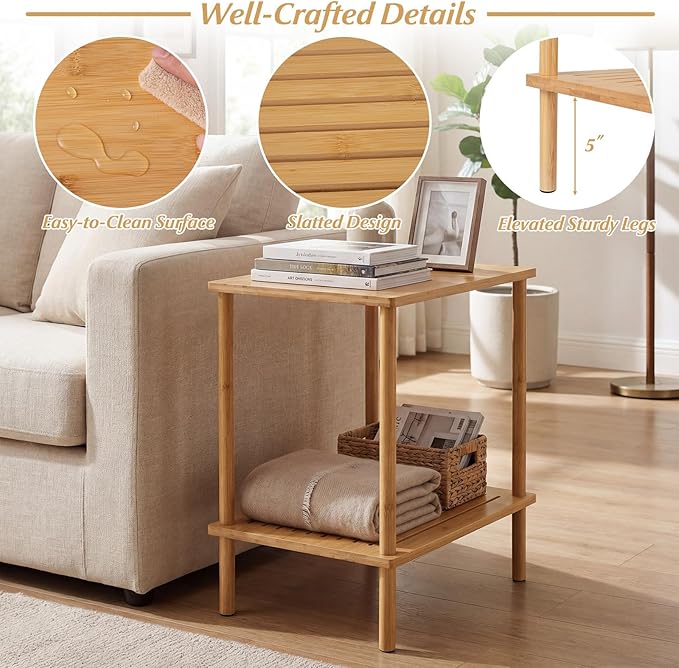 Giantex Bamboo Side Table Set of 2, 2-Tier Sofa End Bedside Table w/Storage