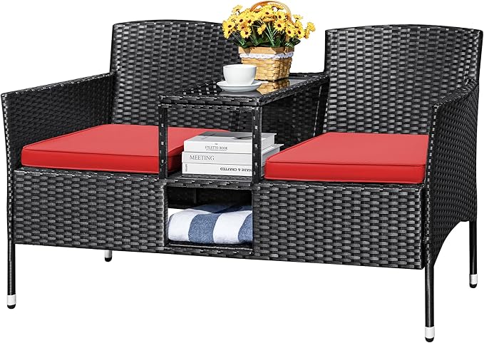 Devoko Outdoor Patio Loveseat Modern Rattan 2-Seat Patio Conversation Set