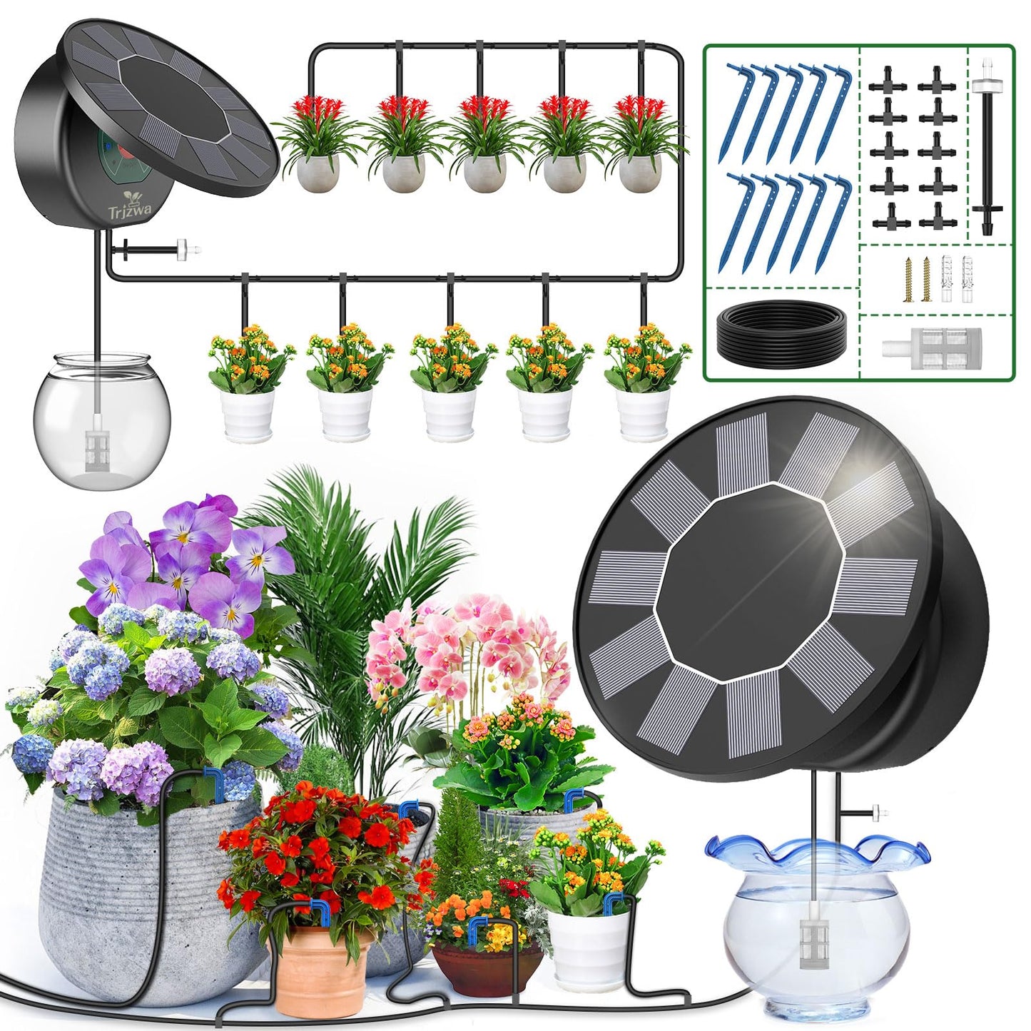 TRJZWA Solar Automatic Drip Irrigation System Kit, Auto Watering Kit for DIY Garden Watering System with 9 Timing Modes and Anti-Siphon Set，Indoor/Outdoor Garden, Balcony & Patio Irrigation System