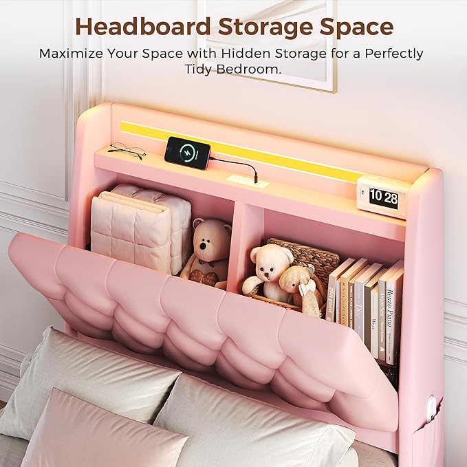 Twin LED Velvet Bed Frame with 2 Storage Drawers&Hidden Headboard, Upholstered