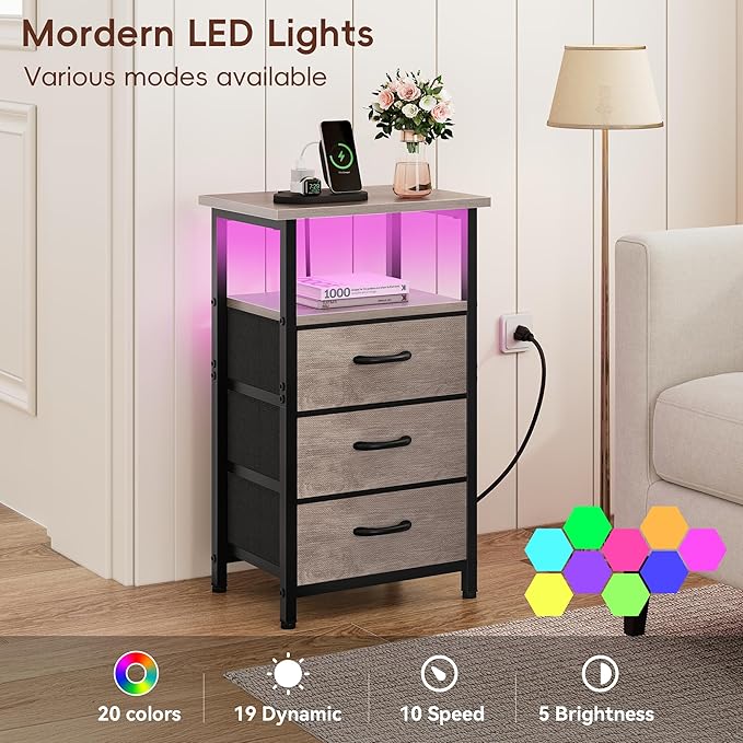 Vagusicc Night Stand with Charging Station, LED Nightstand