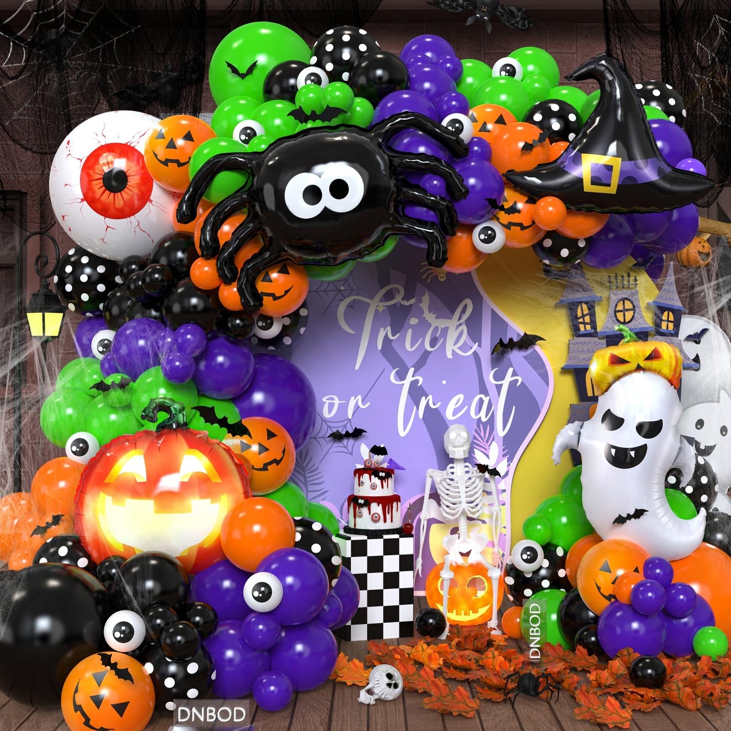 Halloween Balloon Arch Kit,137Pcs Orange Black Green Purple Balloon Garland with 3D Bat Stickers,Pumpkin,Witch Hat,Spider,Ghost,Eyeball Foil Balloons for Halloween Spooky Birthday Party Decorations
