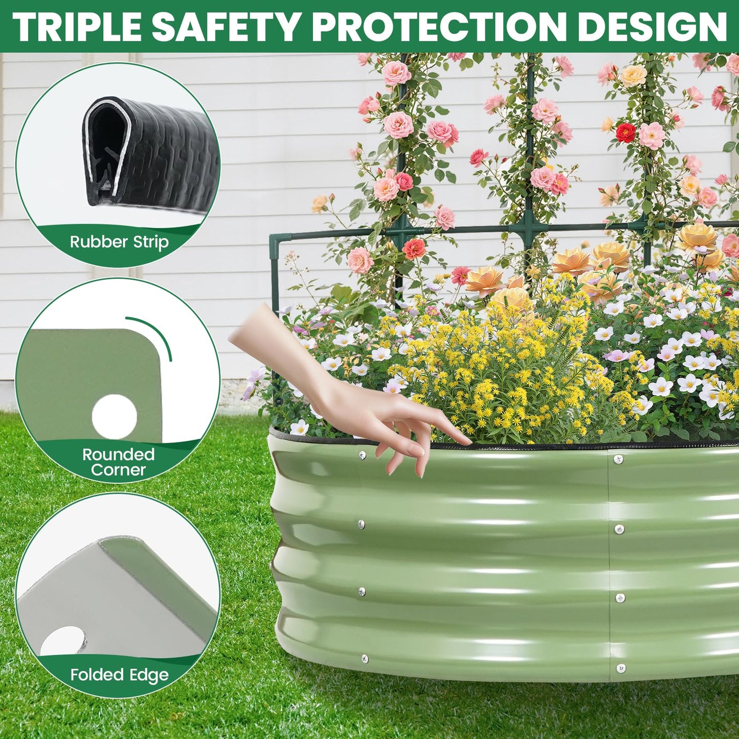 VIREO GARDEN Galvanized Raised Garden Bed with Wall Trellis | 6x3x1FT Metal Raised Garden Beds Outdoor for Gardening Climbing Plants | Planter Box Outdoor with Gloves for Vegetable Flower, OliveGreen