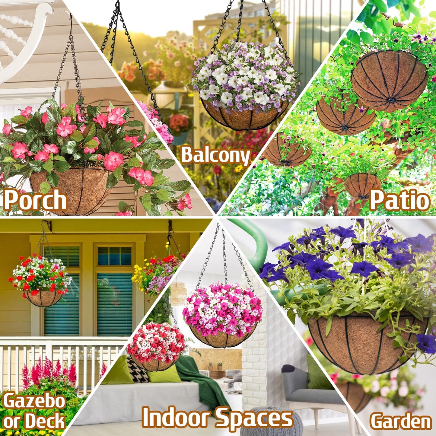 ZeeDix 3 Pack 14 Inch Hanging Baskets for Plants Outdoor Indoor, Metal Hanging Planters Flower Pots with Coco Liners Replacement, Decor Garden Flowers Vegetables Plants