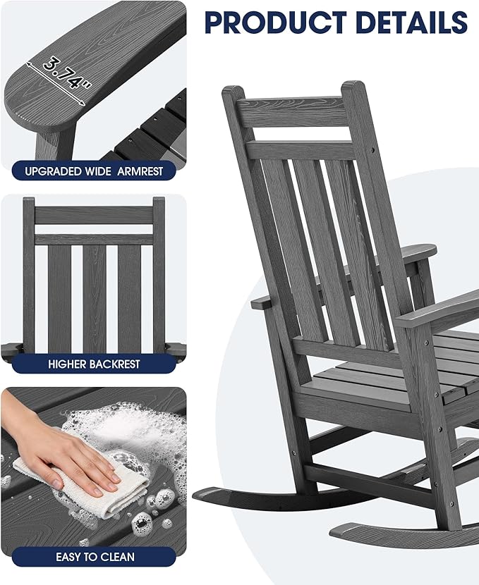 KINGYES Oversized Outdoor Rocking Chair, All-Weather Patio Rocking Chairs