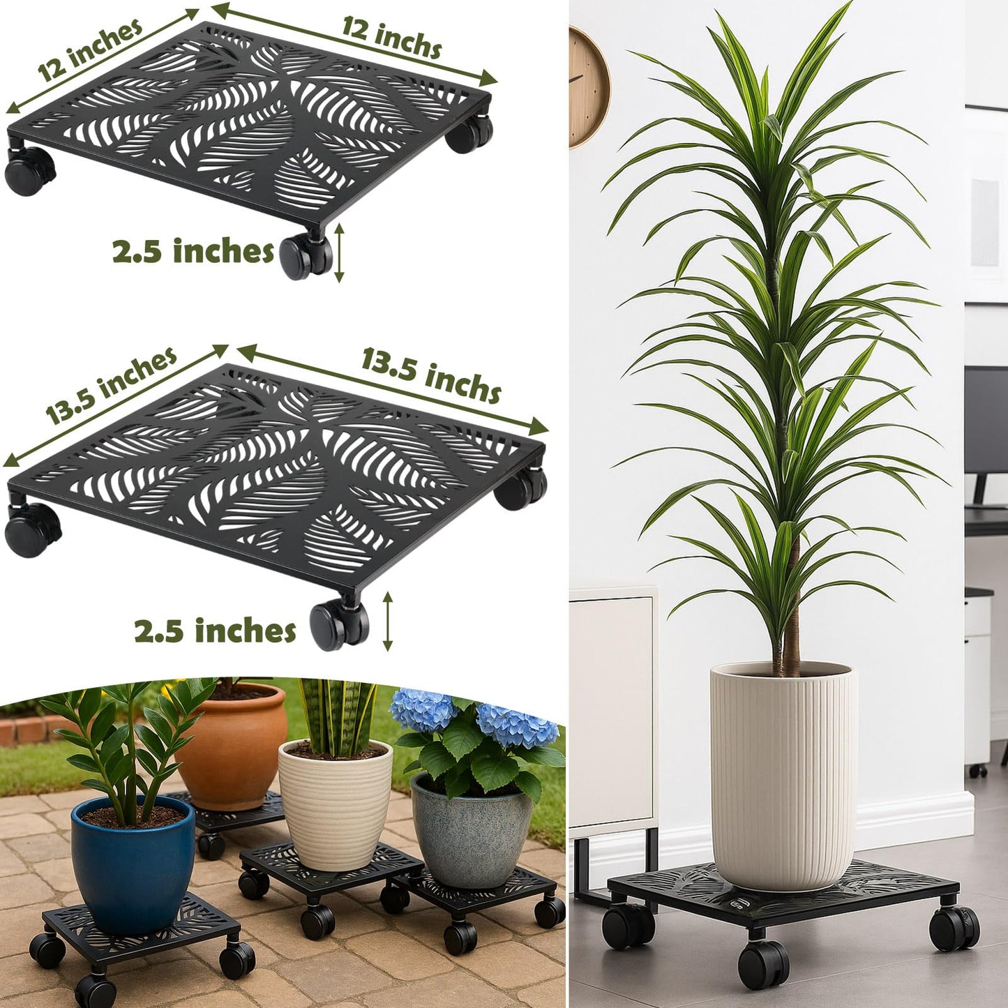 1-pack 13.5 Inches Square Metal Plant Caddy with Wheels Heavy Duty Large Rolling Plant Stand Indoor Outdoor Wheeled Planter Dolly Cart with Lockable Casters Flower Pot Mover Roller Trolley, Black