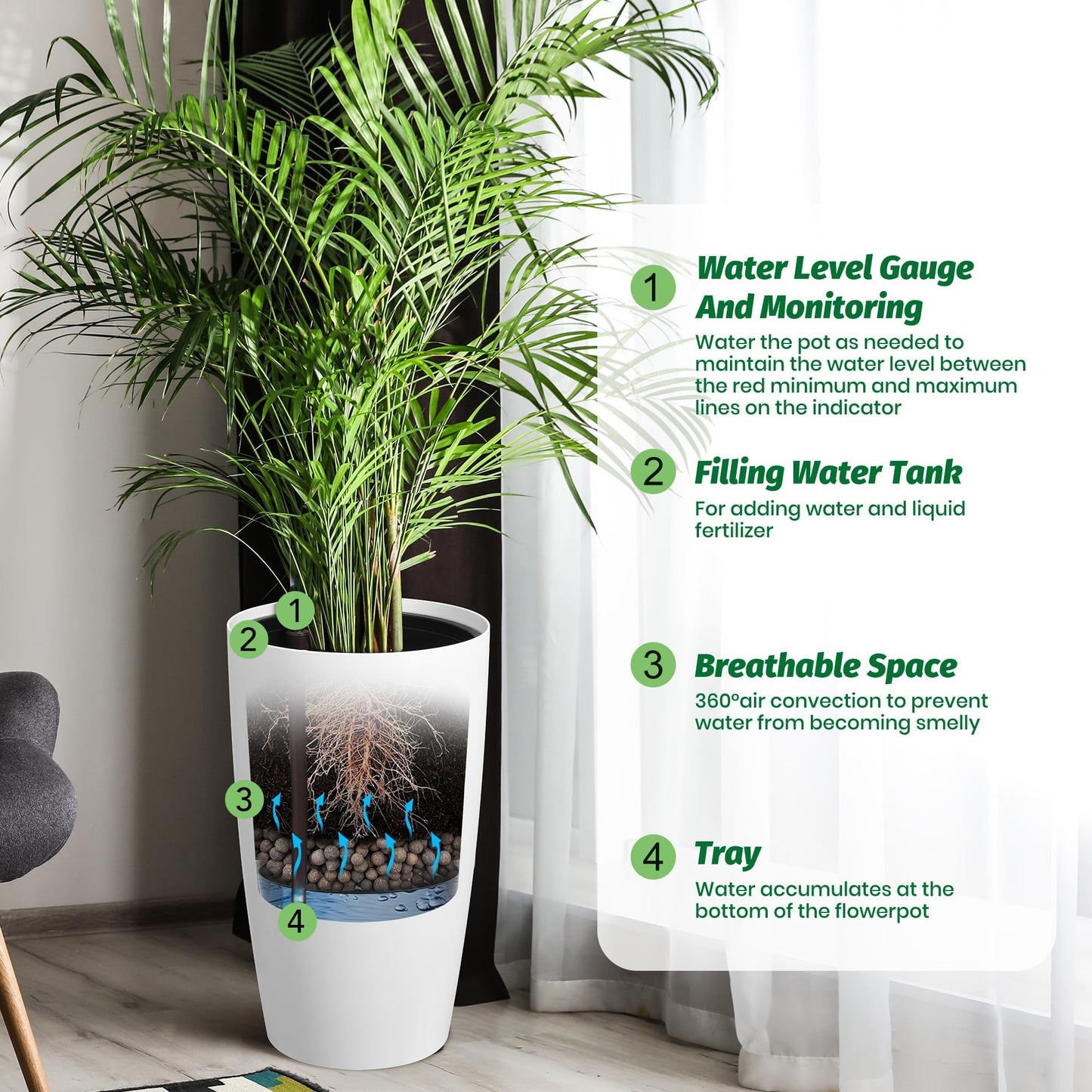 GarveeLife Set of 2 Tall Planters for Outdoor Plants, 22 in Large Planters for Outdoor Indoor Plants with Water Level Monitor ＆ Inner Bucket, Automatic Watering, for Porch, Patio, Backyard, White