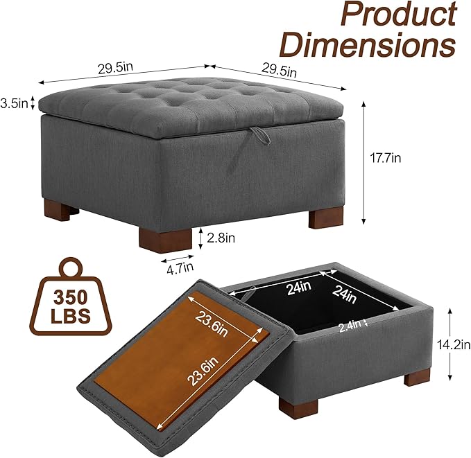 WUTUTUEE 30" Fabric Square Storage Ottoman