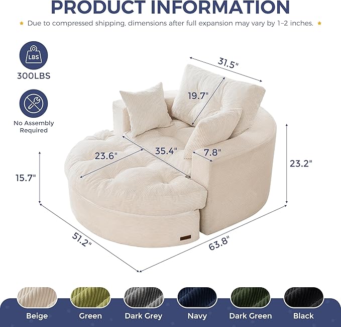 MAXYOYO Oversized Round Chaise Lounge Sofa, Upholstered Lounge Chair