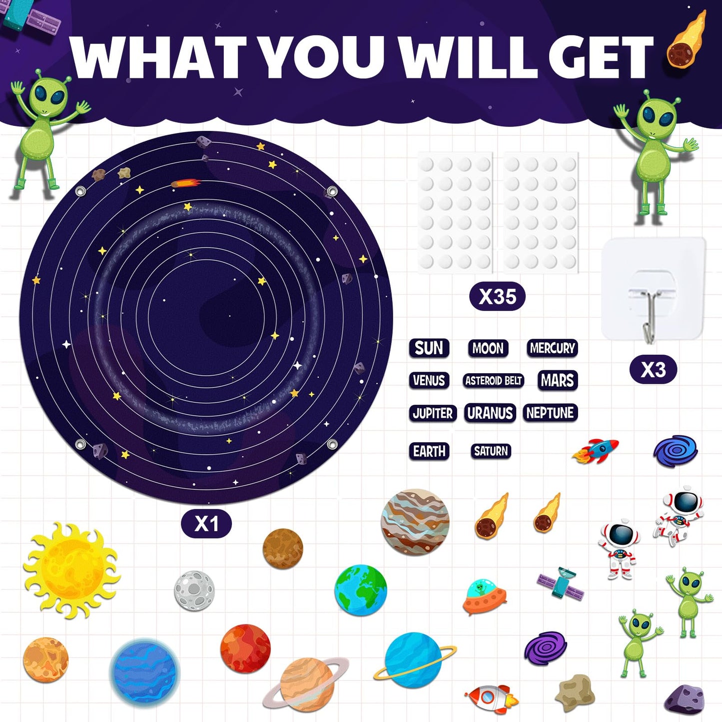 MiniInflat Felt Story Board Set Solar System Felt Story Board 2.5 Ft Outer Space Universe Storytelling Flannel Interactive Montessori Tool for Valentines Birthday Gift Space Learn (36,Solar)