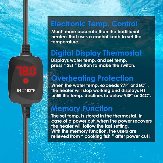 Mini Aquarium Heater 15W Super Small Fish Tank Heater with Digital Display Thermostat, Alumina Ceramic Betta Tank Heater Turtle Heater for 1-3 Gallon Tanks