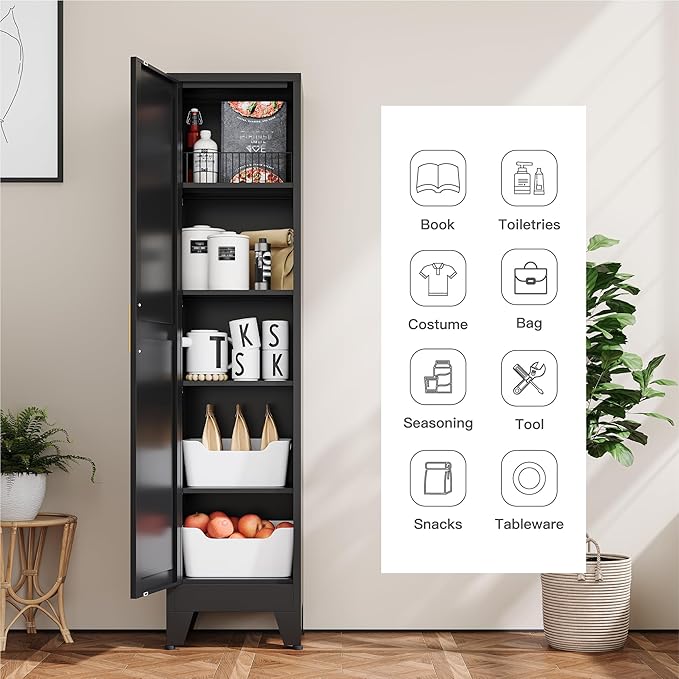 YAUWOH White Narrow Metal Storage Cabinet, Tall Freestanding Cabinet