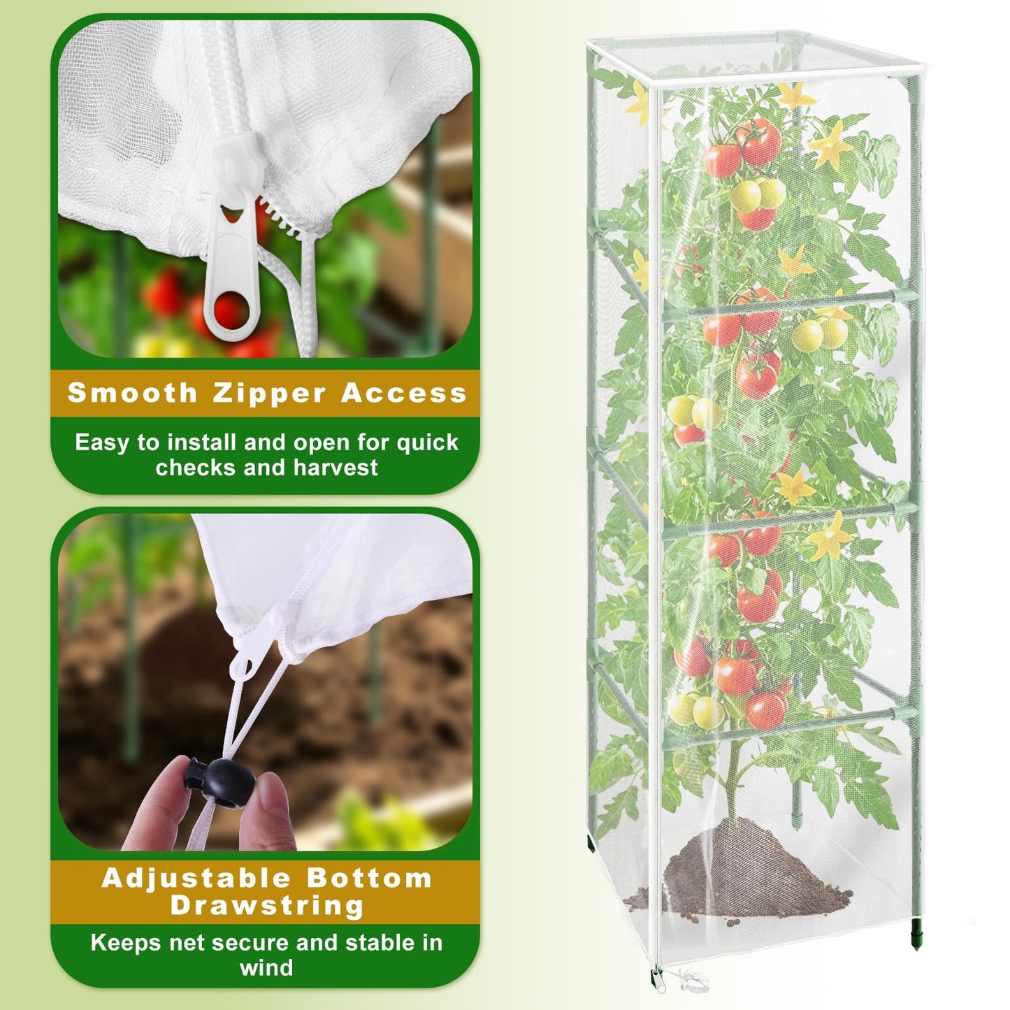Cyrico Bird Netting Plant Cover for Tomato Cage, 3 Pcs Garden Mesh Cover with Zipper and Drawstring, Insect, Bird & Small Animal Protection Net for Vegetables, Fruits and Flowers, 59" x 17.7"
