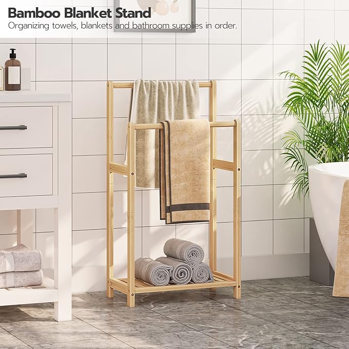 HOOBRO Freestanding Towel Rack for Bathroom, 2 Tier Decorative Bamboo Blanket