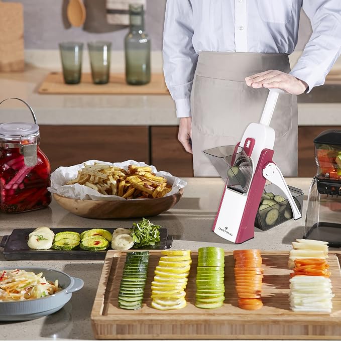 ONCE FOR ALL Safe Mandoline Slicer 5 in 1 Vegetable Cutter, Strips Julienne Dicer Adjustable Thickness 0.1-8 mm for Kitench Fast Meal Prep (Red)