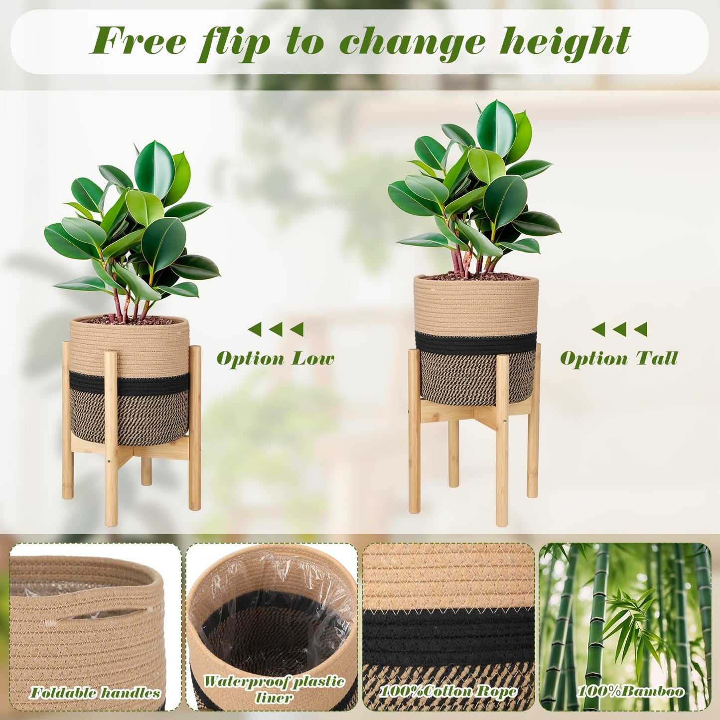 Sunnychicc Plant Basket with Stand Indoor Planter Pot Holder Sturdy Jute Rope Modern Woven Basket, Cotton Rope Woven Pot with Bamboo Stand(10 Inch,Black and Beige Stripes)