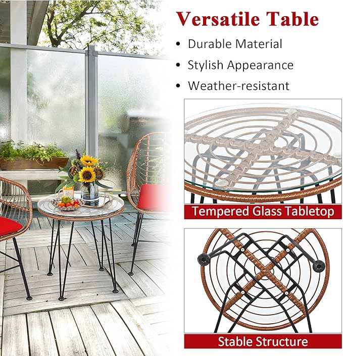 Tangkula 3 Pieces Patio Conversation Bistro Set, Outdoor Wicker Furniture