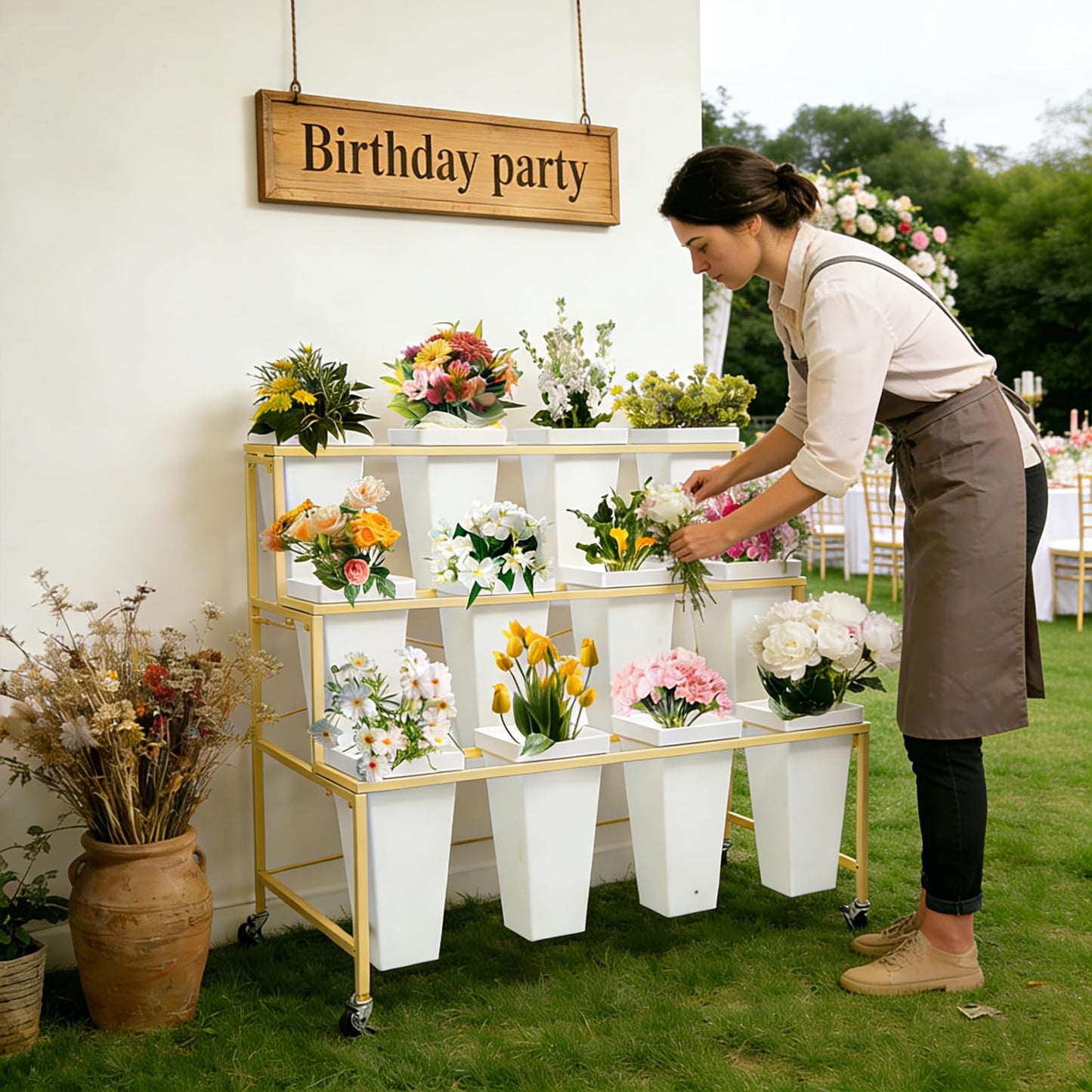 Flower Display Stands With Buckets, With 12pcs Buckets, 3-Tier Rolling Flower Bar,Heavy Duty Metal Flower Cart,For Indoor/Outdoor Use, Wedding Decor & Florist Displays (B - Gold frame, white bucket)