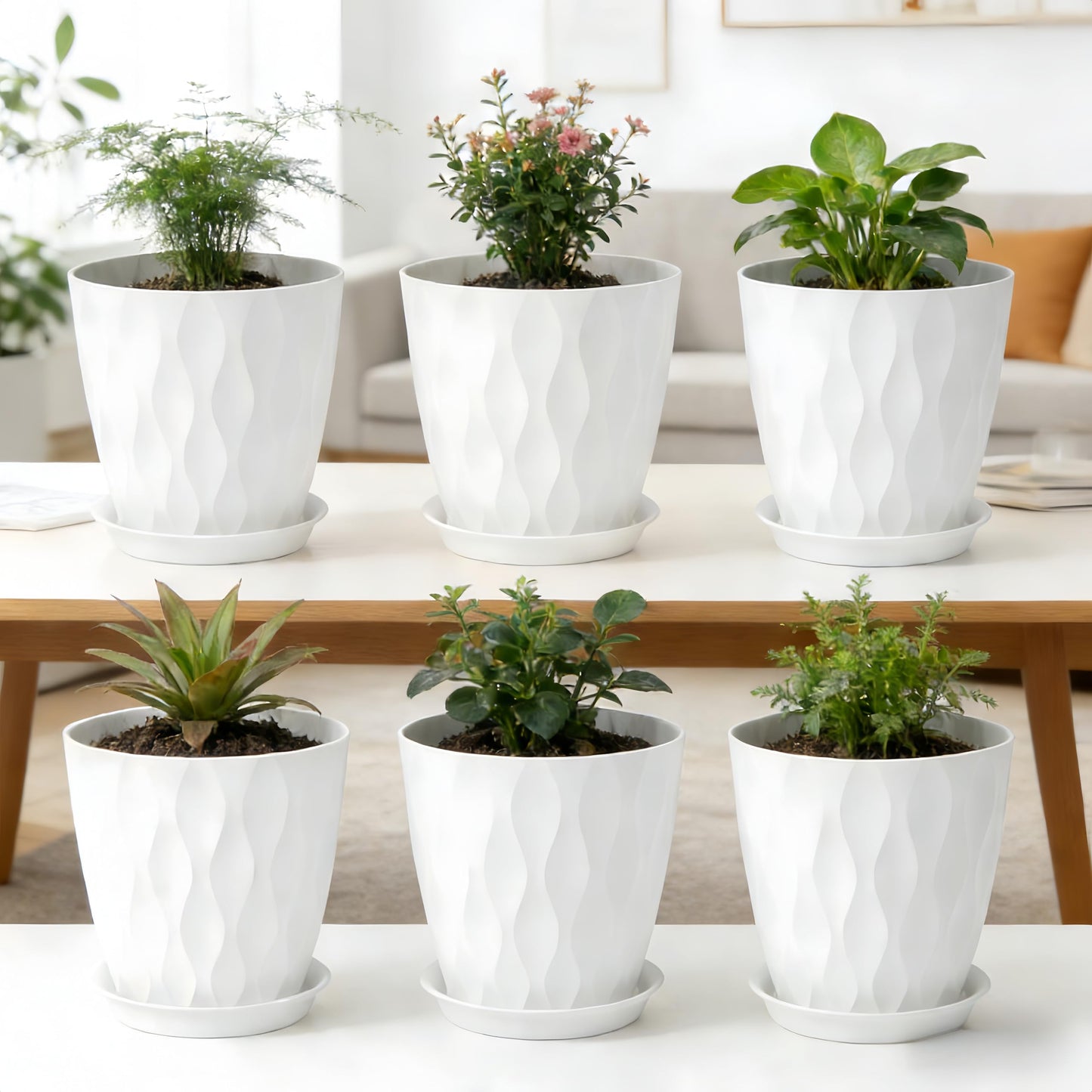 LESOASIS Plant Pots 8 Inch, 6 Pack Plastic Flower Pots for Indoor & Outdoor Plants, Planters with Drainage Holes and Saucer, Garden Pot for Plants (White)