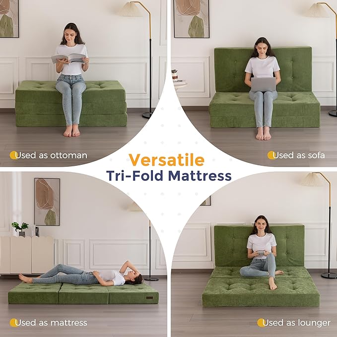 MAXYOYO 6" Folding Sofa Bed for Floor, Tufted Tri-Fold Floor Mattress