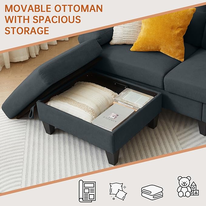 84" Convertible Sectional Sofa Set, 3 Seat L Shaped Couch