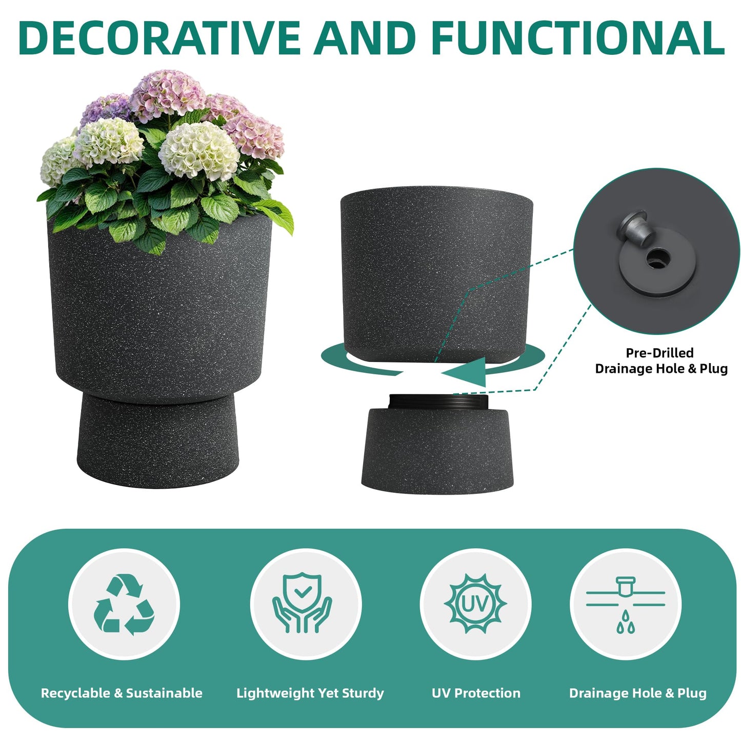 Autodaya 16.8" Modern Pedestal Planters Set of 2, Large Plastic Flower Pots with Terrazzo Finish, Drainage Hole & Weather Resistance for Indoor/Outdoor Garden Patio Balcony Decor