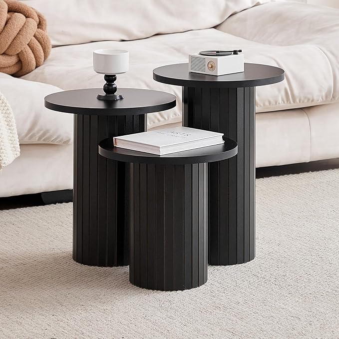 Round Side Tables Set of 3, Circle Modern Fluted Nesting Coffee Table, Accent