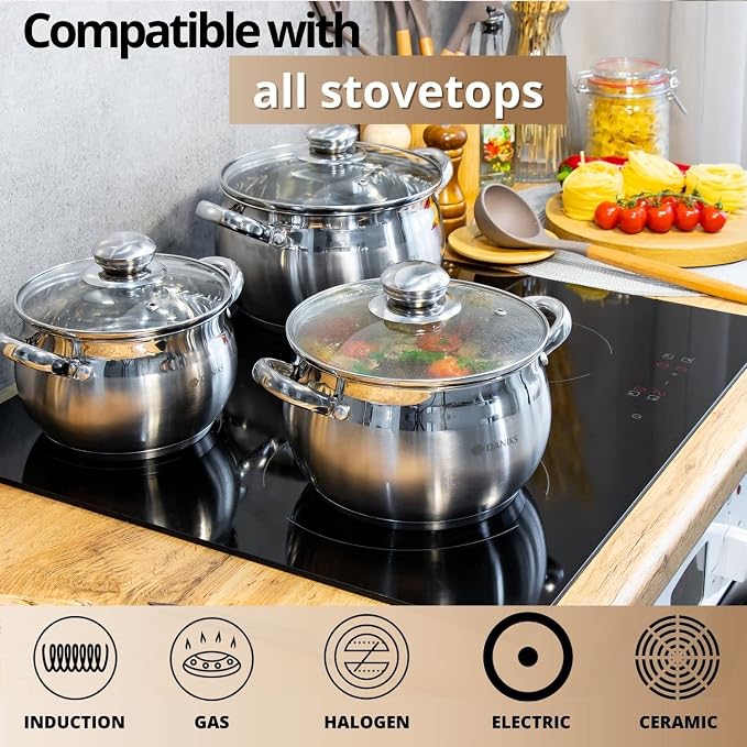 Daniks Classic 4 Quart Stainless Steel Stock Pot with Glass Lid, Tri-Ply Bottom for Even Heating, Induction Compatible, Dishwasher Safe
