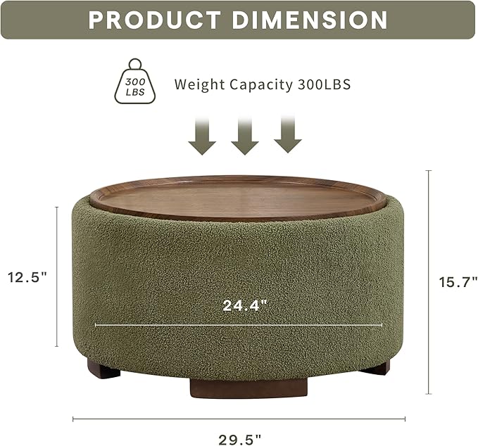 29.5 Inch Round Storage Ottoman Coffee Table, Modern Circle Coffee Table