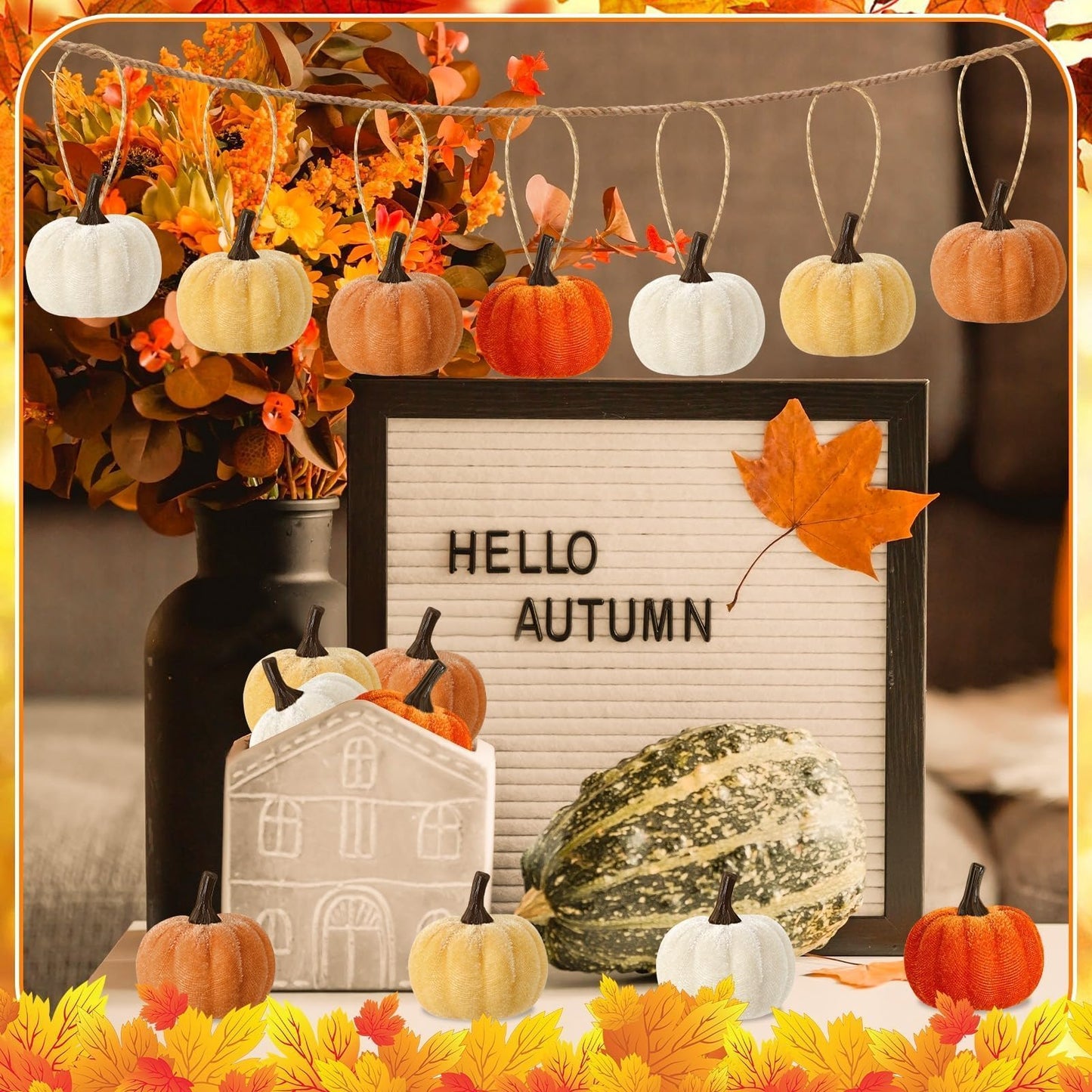 DTOFOOT 16 Pcs Fall Thanksgiving Pumpkin Hanging Ornaments, Autumn Velvet Fabric Wrapped Pumpkin Pendant for Farmhouse Harvest Halloween and Home Party Decor