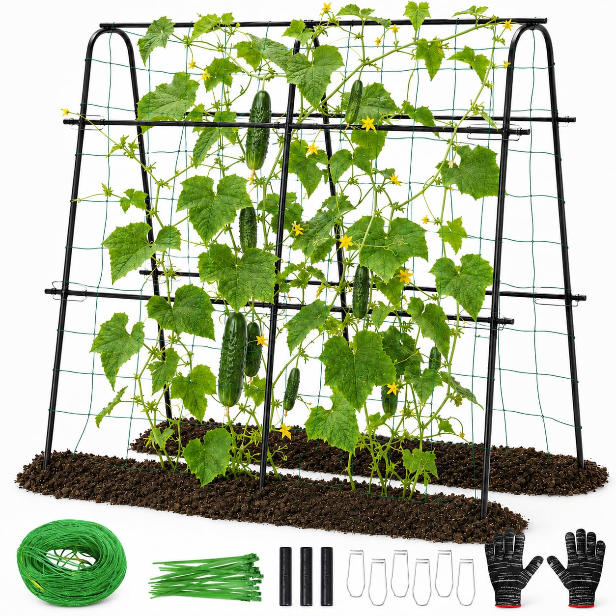 FOLLOOK Cucumber Trellis for Raised Garden Bed, Rustproof Metal Garden Arch Trellis for Climbing Plants Support Outdoor Fruit Grape Vine Vegetable Tomato Pole Bean Snap Pea Trellis, 48x48inch, Black