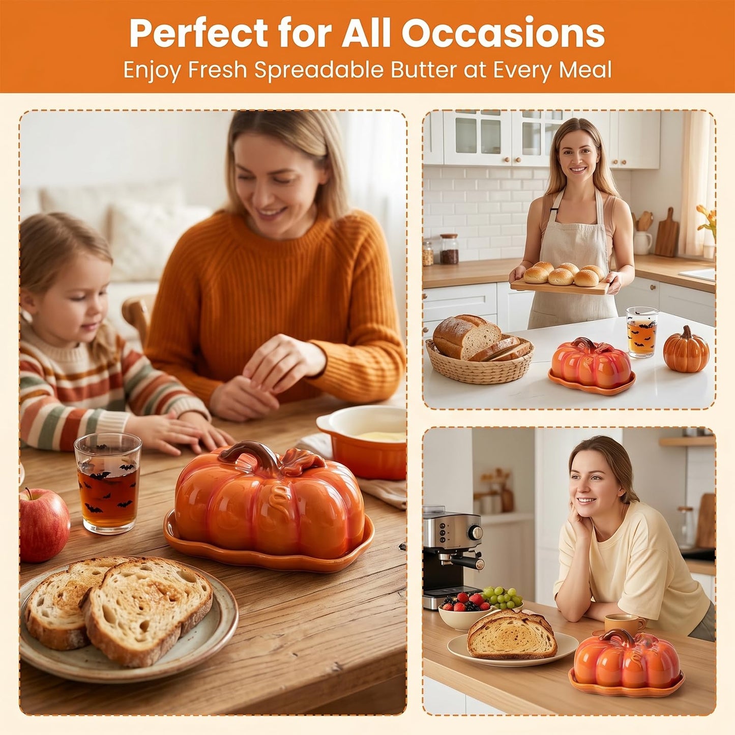 Pumpkin Butter Dish Set with Lid,Kitchen Countertop Tray with Lid,Multi-Purpose Pumpkin Shaped Snack Plate,Ideal Kitchen Decoration and Holiday Gifts such as Halloween &Thanksgiving (Orange, General)