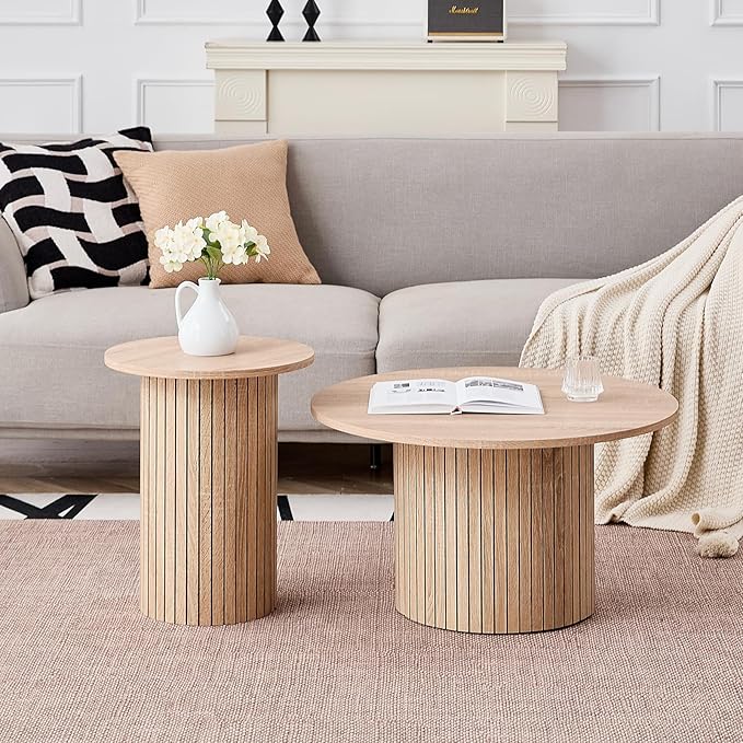 Round Nesting Coffee Table Set of 2 Mid Century Modern Wood Round Coffee Tables