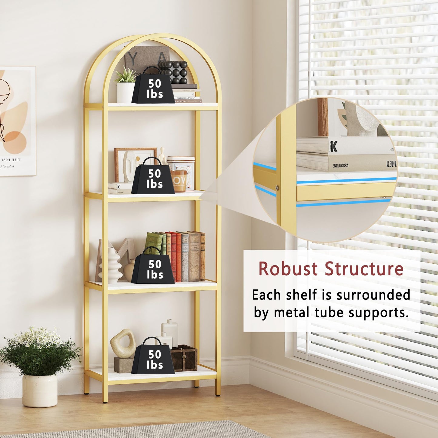 Yusong Bookshelf 4 Tier Arched Bookcase, 71.3" Tall Industrial Open Book Shelves for Living Room, Modern Freestanding Display Shelving Storage Rack Metal Frame, Office, Bedroom,Gold White