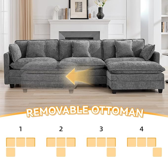 111'' Sectional Cloud Deep Seat Couch, Modern Comfy Chenille L Shaped Sectional