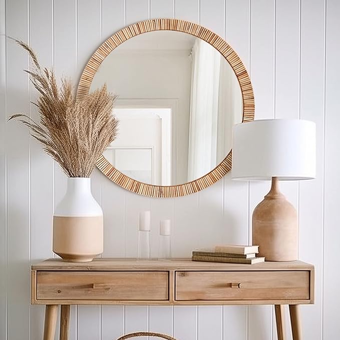 Barnyard Designs Round Rattan Wall Mirror, Natural Tan Woven Rattan Frame