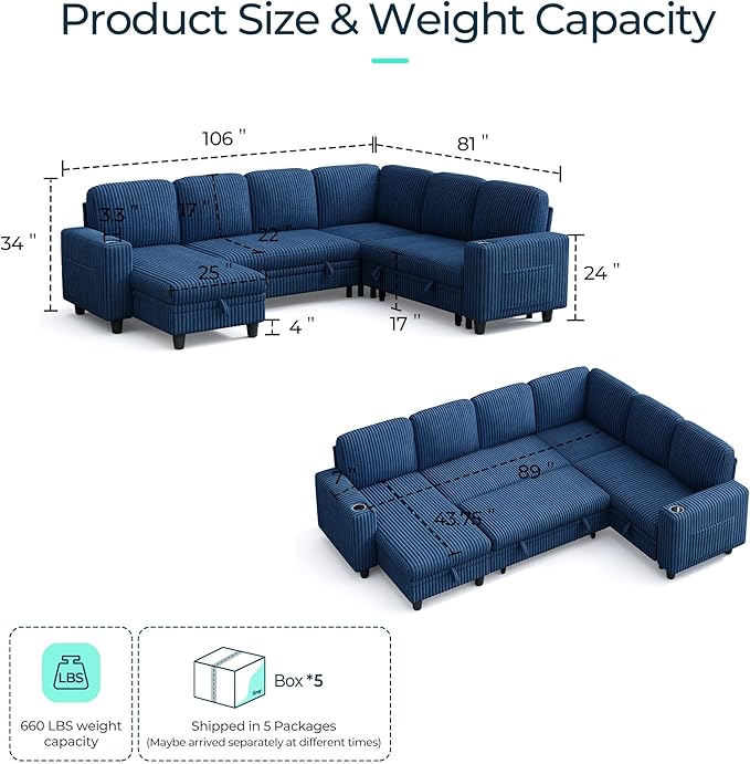 LINSY HOME Sectional Sofa with Pull Out Bed, 6 Seats Corduroy Reversible