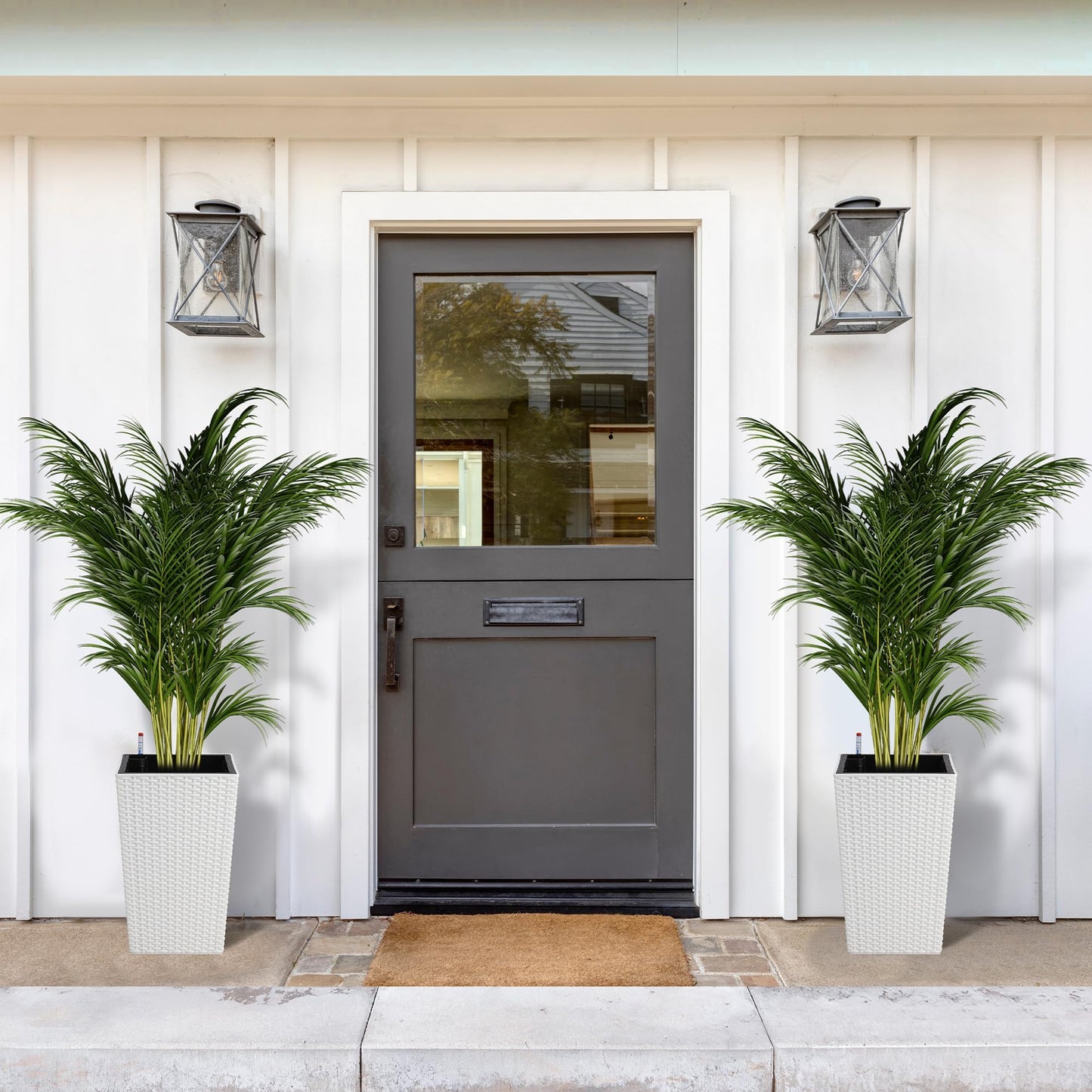 Tall Planters Set of 2, with Large Outdoor & Indoor Pots with Drainage Holes, Water Level Gauge, Inner Insert, Trays & Wheels, Auto-Watering Front Porch Planters for Terrace, Home, Office,White