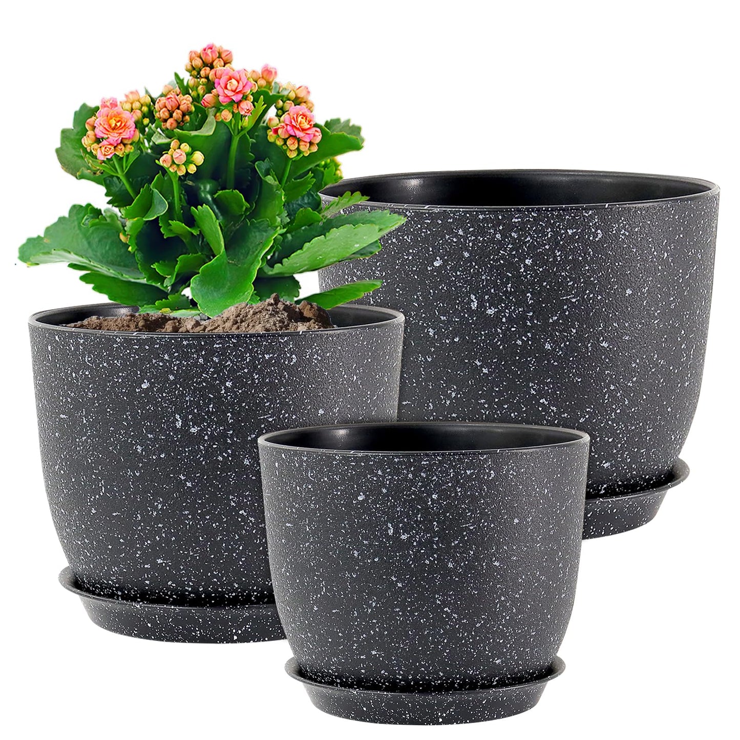 WSMKSZ Plant Pots 10/9/8 inch, Set of 3 Modern Decorative Plastic Planters with Drainage Holes and Saucers for Garden House Plants, Flower Pots for Indoor Outdoor Plants, Speckled Black