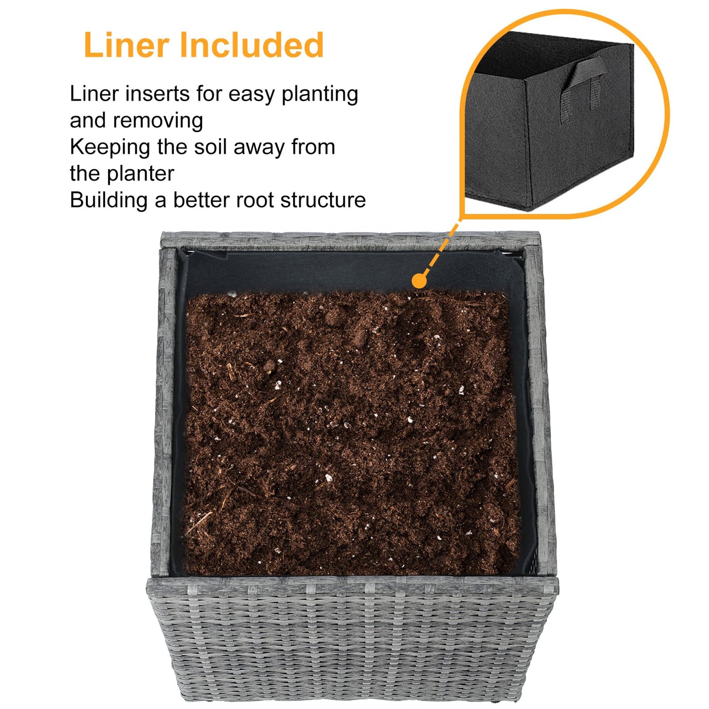 SUNNYPARK Gray Square Planter Box All-Weather PE Rattan Large Modern Planters with Removable Liner Indoor Outdoor Decorative Flower Pot for Patio, Balcony, Garden