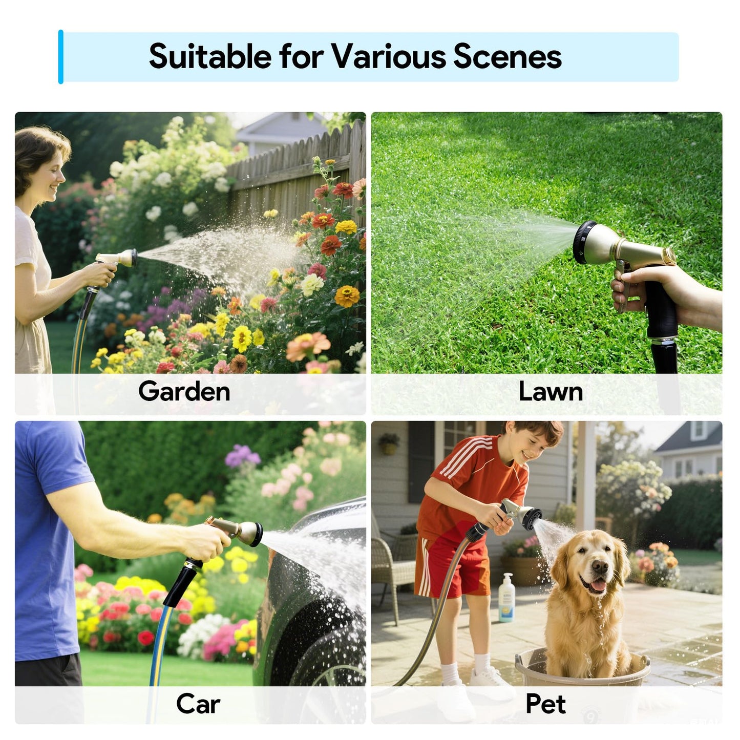 Qxiaozhan Heavy Duty Hose Nozzle, 9-IN-1 Spray Patterns, Spray Nozzles for Garden Hose with Metal Trigger & Lock Bar, 3/4" Thread & Connection Adapter, Suit for Watering Plants, Lawn, Car, Outdoor Pet