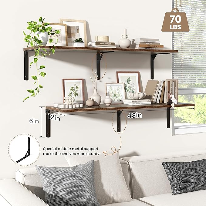Fun Memories Rustic Brown 12 Inch Deep Floating Shelves Set of 2, Wall Mounted