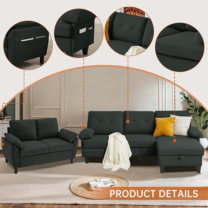 84" Convertible Sectional Sofa Set, 3 Seat L Shaped Couch