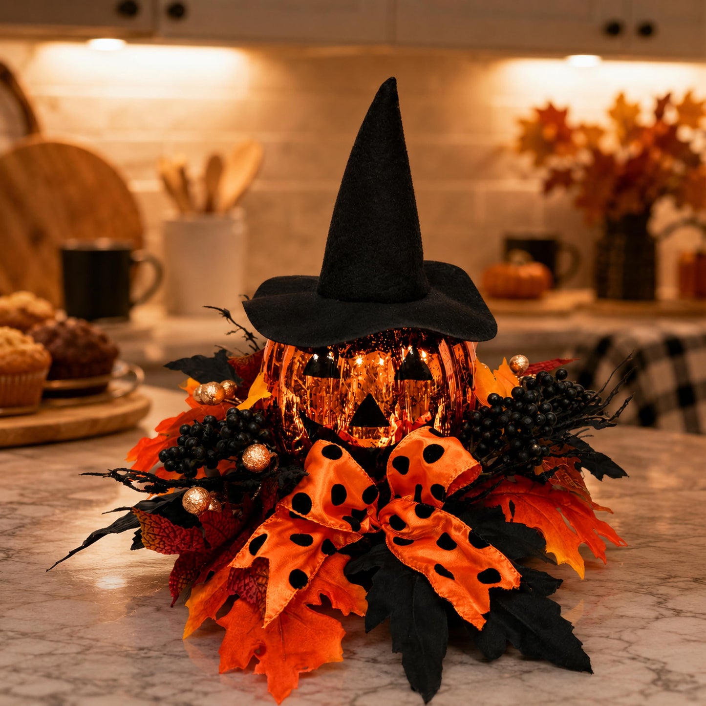 Svndlyn 15 Inch Lighted Halloween Pumpkin Decor with Witch Hat and Bow